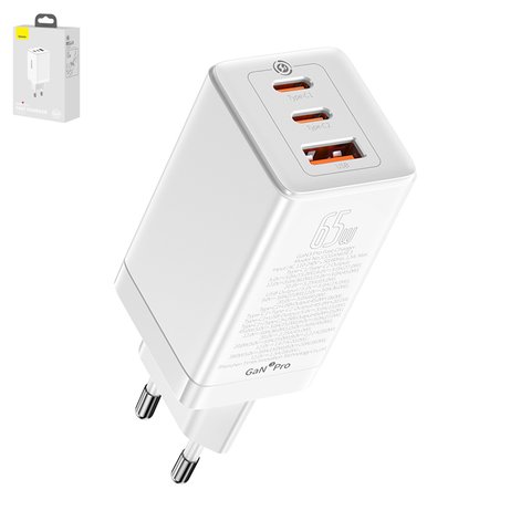 Сетевое зарядное устройство Baseus GaN3 Pro, 65 Вт, Quick Charge, белый, c кабелем USB тип C к USB тип C, 3 порта, #CCGP050102