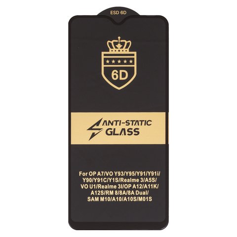 Защитное стекло ESD 6D для Realme 3; Vivo Y93; Oppo A7; Xiaomi Redmi 8, Redmi 8A; Samsung A105 Galaxy A10, A107 Galaxy A10s, M105 Galaxy M10, совместимо с чехлом, Full Glue, Anti Static, без упаковки , черный