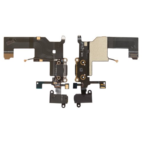 Шлейф для iPhone 5, коннектора наушников, коннектора зарядки, черный, с микрофоном, с компонентами
