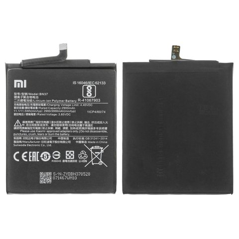 Batería BN37 puede usarse con Xiaomi Redmi 6, Redmi 6A, Li Polymer, 3.85 V, 3000 mAh, Original PRC 