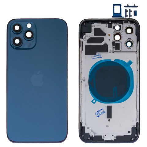 Housing compatible with iPhone 12 Pro Max, dark blue, with SIM card holders, with side buttons, HC, pacific blue 