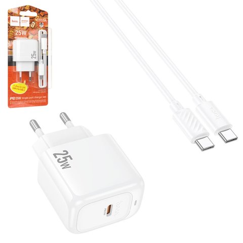 Сетевое зарядное устройство Hoco CS53A, 25 Вт, Power Delivery PD , белый, c кабелем USB тип C к USB тип C, 1 порт, #6942007631501
